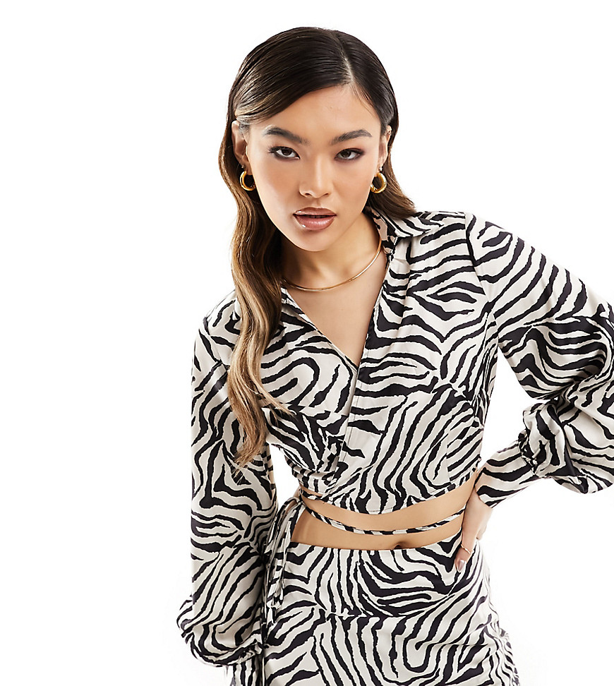 In The Style exclusive satin tie waist shirt co-ord in zebra-Black
