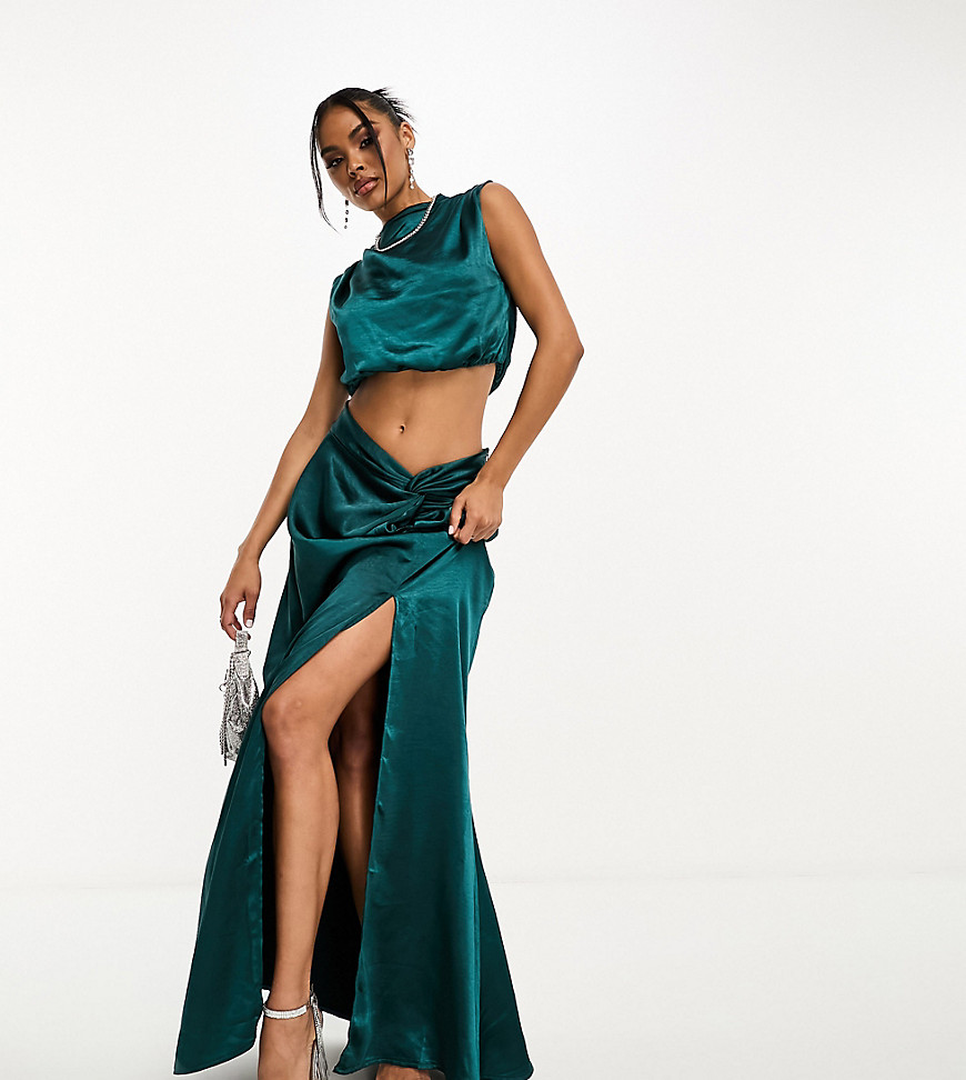 In The Style exclusive satin twist front maxi skirt co-ord in teal-Green