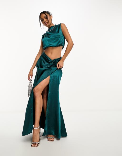 In The Style exclusive satin twist front maxi skirt in teal part of a set ASOS