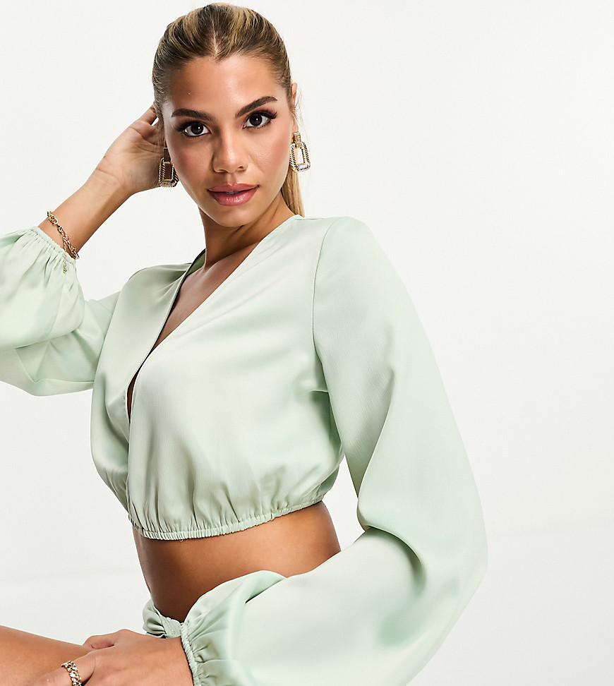 In The Style exclusive satin twist front volume sleeve blouse co-ord in pale green