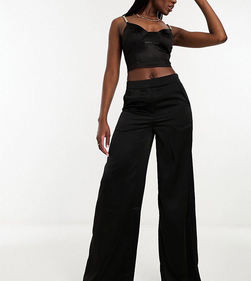 In The Style exclusive satin wide leg trousers in black