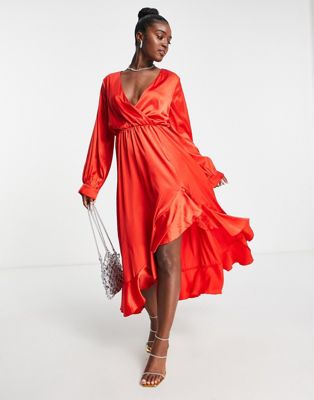 In The Style exclusive satin wrap detail midi dress in red
