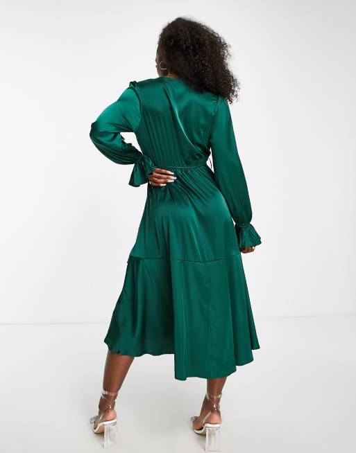 In The Style Exclusive satin wrap detail midi dress in emerald