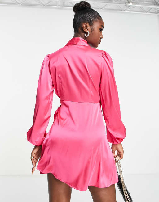 In The Style exclusive satin wrap detail mini dress in pink