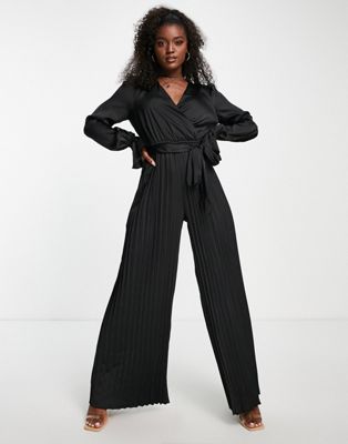 In The Style exclusive satin wrap detail pleated wide leg jumpsuit with belt in black - ASOS Price Checker