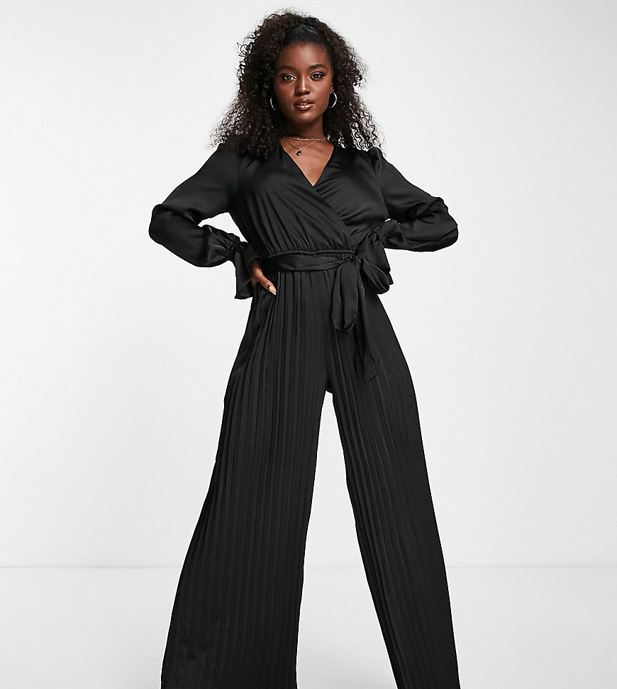 exclusive satin wrap detail pleated wide leg jumpsuit with belt in black