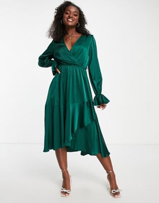 In The Style exclusive satin wrap detail midi dress in emerald green