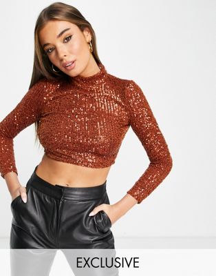In The Style exclusive sequin high neck top in  tobacco | ASOS