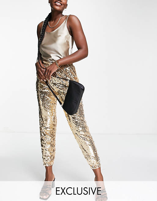 Women In The Style exclusive sequin jogger in light gold 