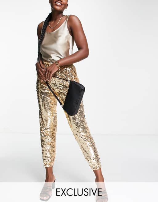 In The Style exclusive sequin jogger in light gold