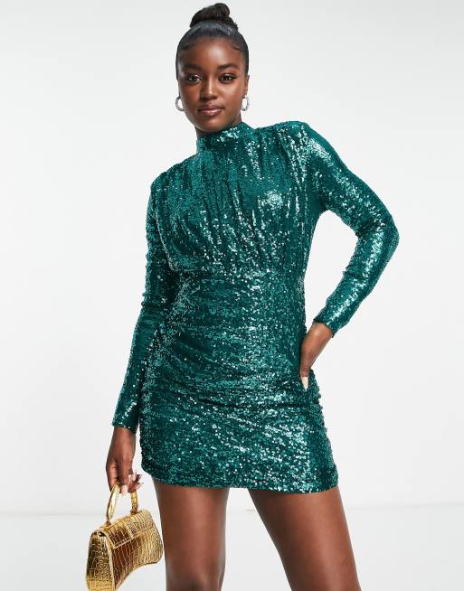 In The Style exclusive sequin mini dress with open back detail in emerald  green