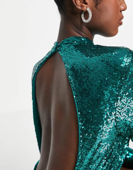 In The Style exclusive sequin mini dress with open back detail in emerald  green