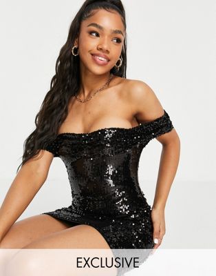In The Style exclusive sequin off shoulder mini dress in black - ASOS Price Checker