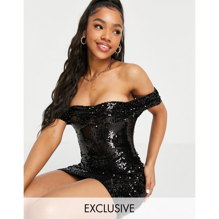 In The Style Exclusive Sequin Off-Shoulder Mini Dress in Gold
