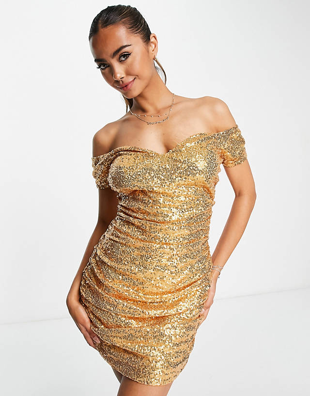 In The Style - exclusive sequin off shoulder mini dress in gold