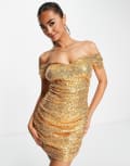 [In The Style] In The Style exclusive sequin off shoulder mini dress in gold 10 GOLD