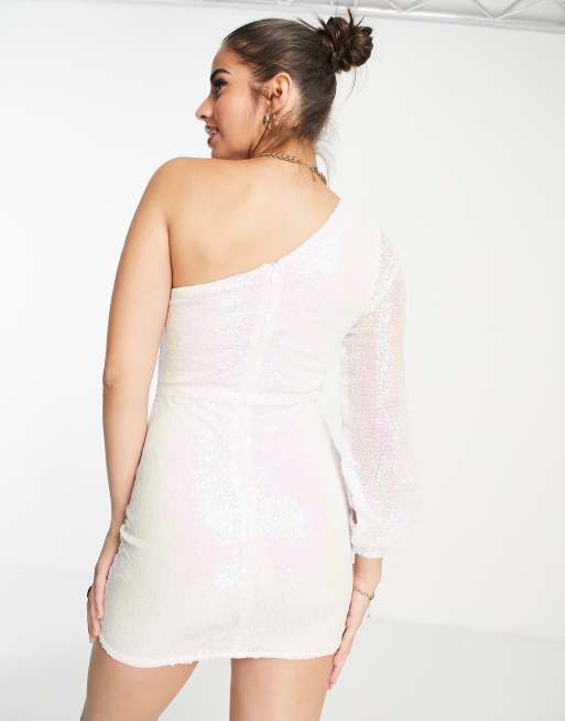 In The Style exclusive sequin one shoulder puff sleeve mini dress in iridescent pink, 2 of 4