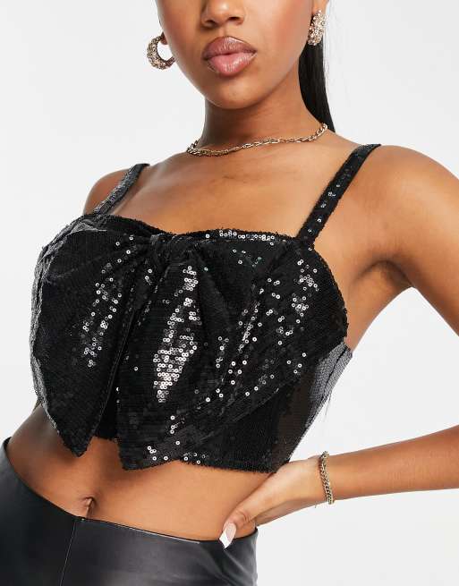 In The Style exclusive sequin oversized bow detail crop top in black