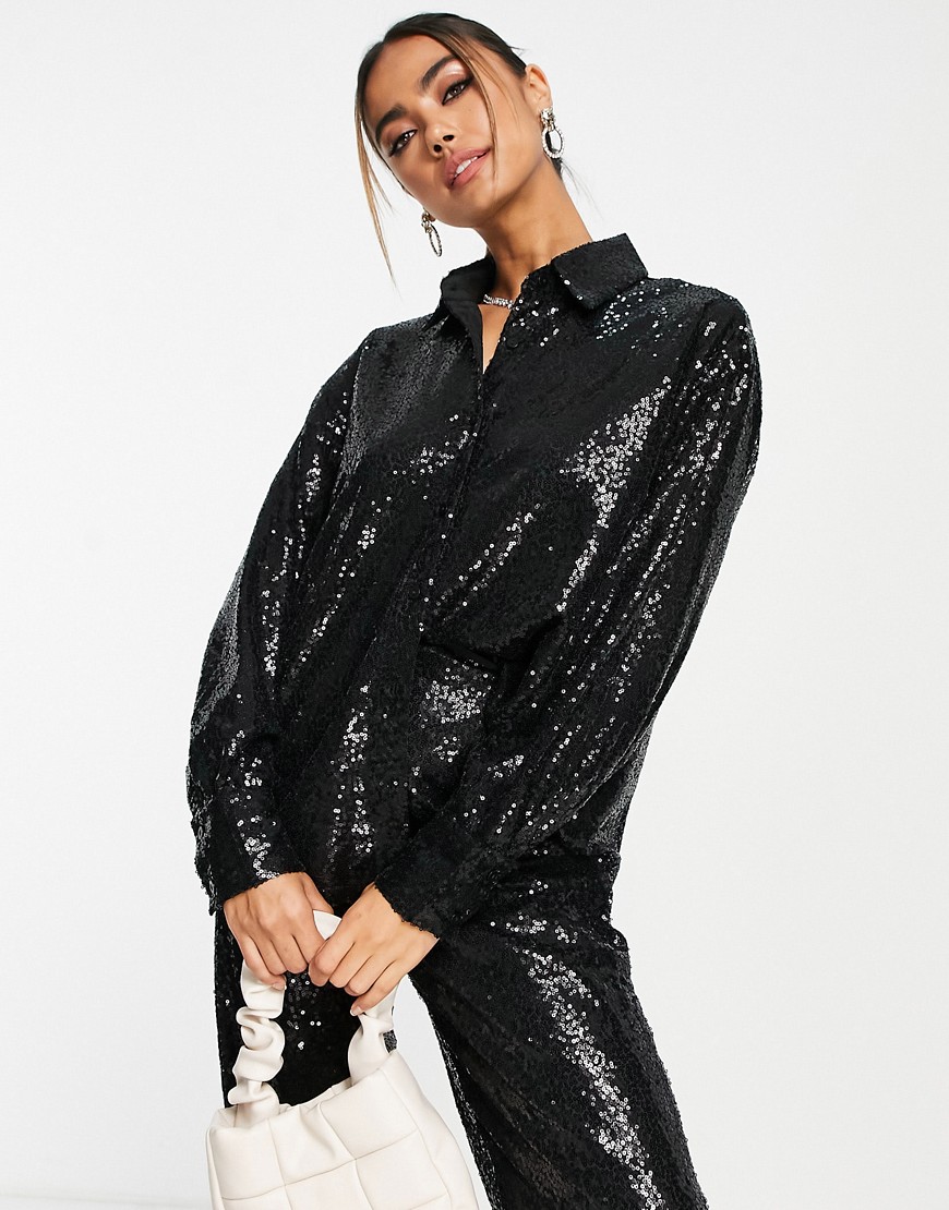 In The Style exclusive sequin oversized shirt co-ord in black