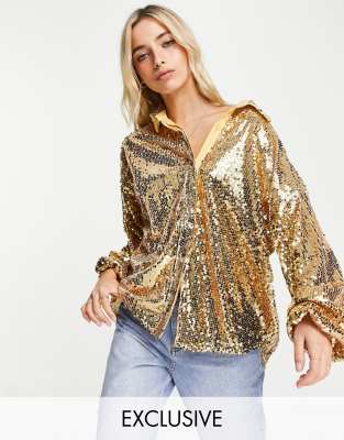 In The Style Exclusive Sequin Oversized Shirt In Light Gold | ModeSens