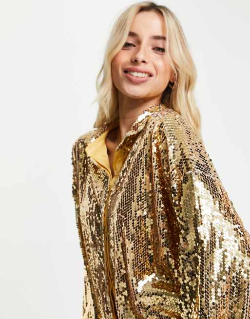 In The Style Exclusive sequin oversized shirt in light gold, 3 of 4