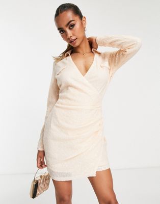 exclusive sequin plunge front collar detail mini wrap dress in champagne-Neutral