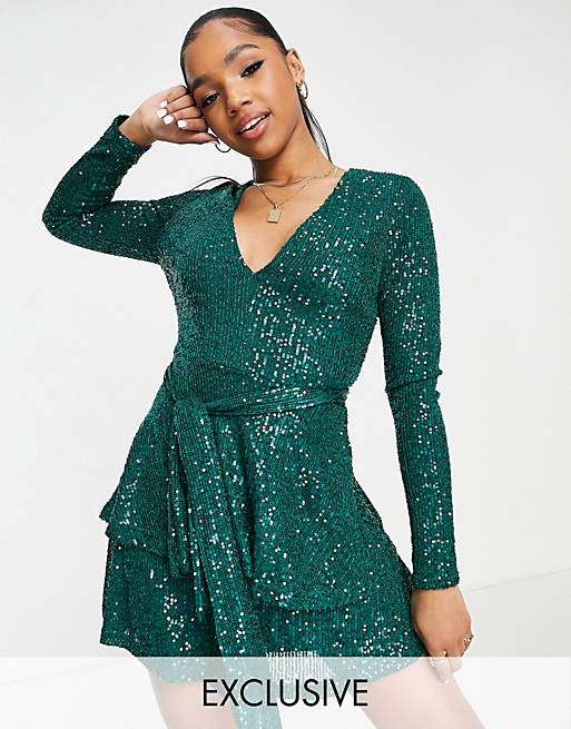 In The Style exclusive sequin plunge front tiered detail mini dress in emerald green