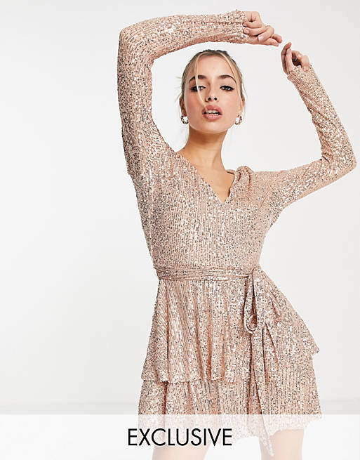  In The Style exclusive sequin plunge front tiered detail mini dress in rose gold 