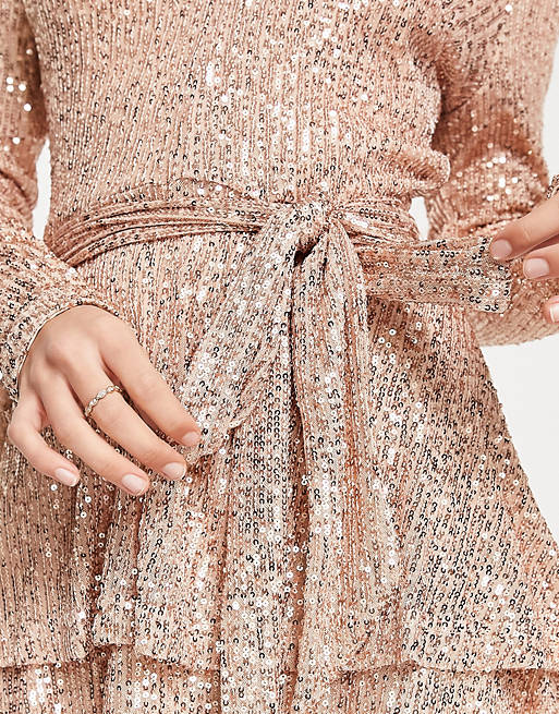  In The Style exclusive sequin plunge front tiered detail mini dress in rose gold 