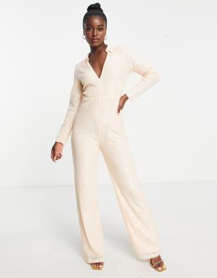 In The Style exclusive sequin plunge front wide leg jumpsuit in champagne