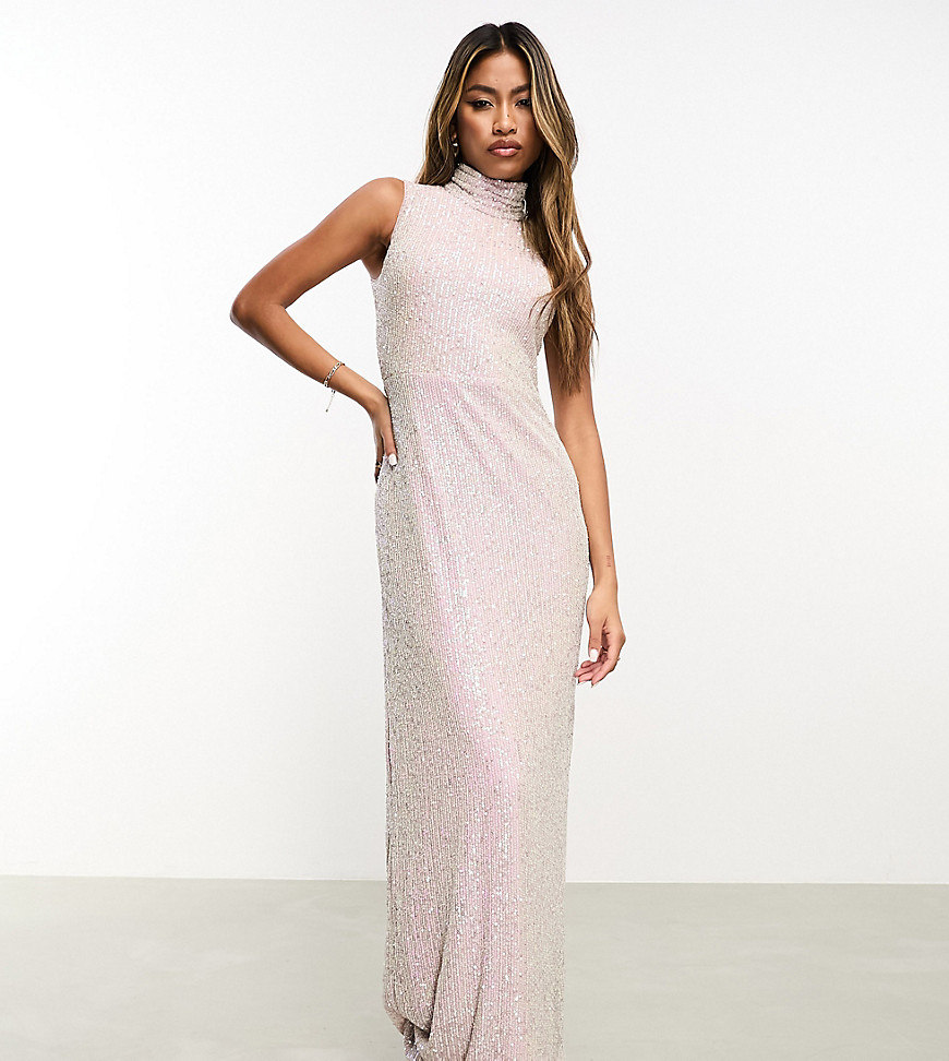 In The Style exclusive sequin sleeveless high neck maxi dress in pink