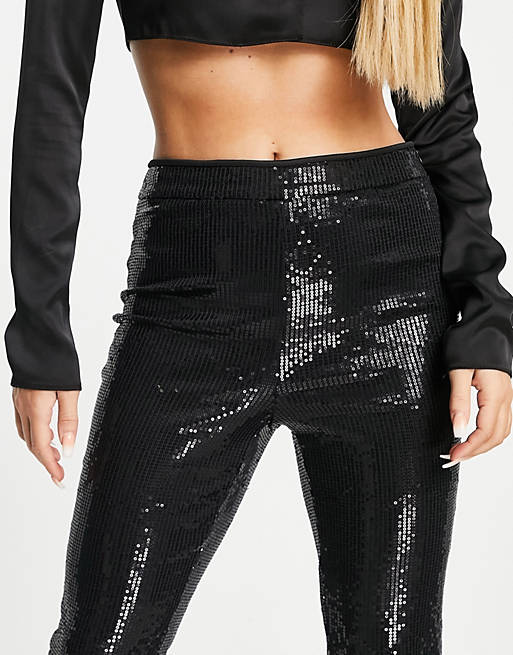 Trousers & Leggings In The Style exclusive sequin wide leg flare in black 