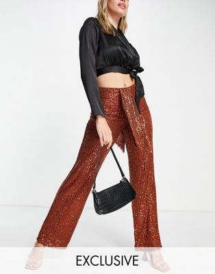 In The Style exclusive sequin wide leg trouser with drape detail  in  tobacco