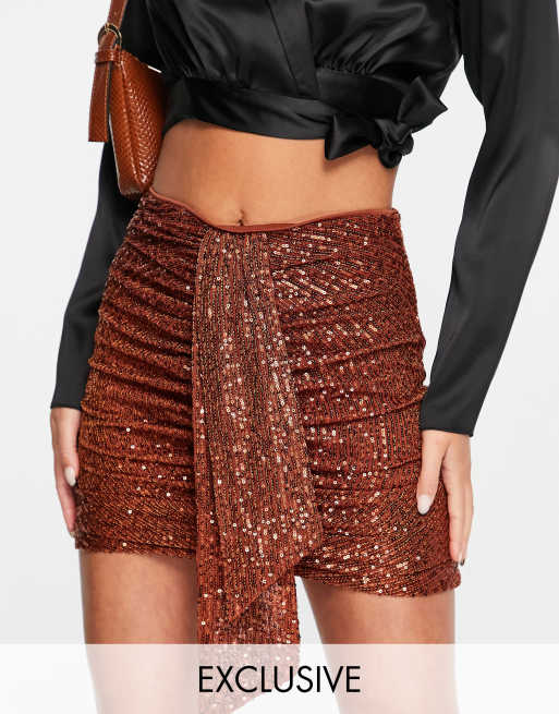 In The Style exclusive sequin wide ruched mini skirt with drape detail in  tobacco