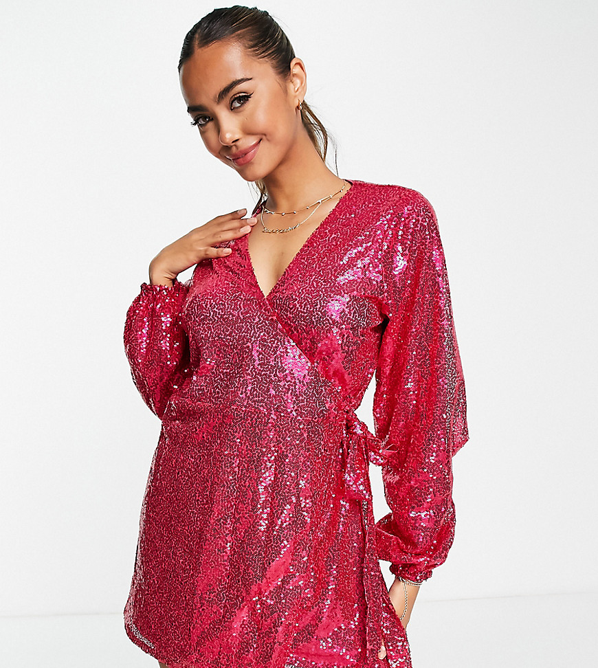 In The Style Exclusive sequin wrap detail mini dress in cerise pink