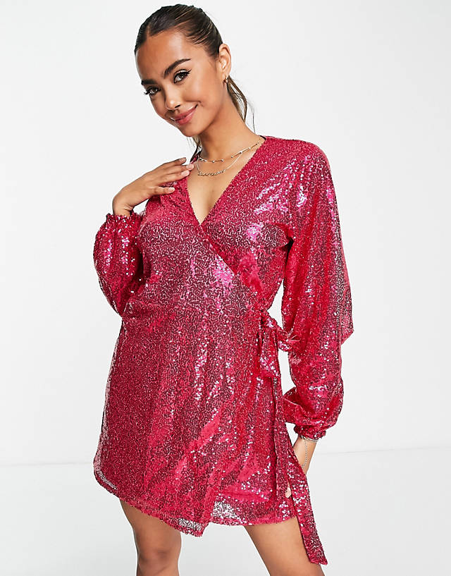 In The Style - exclusive sequin wrap detail mini dress in cerise pink