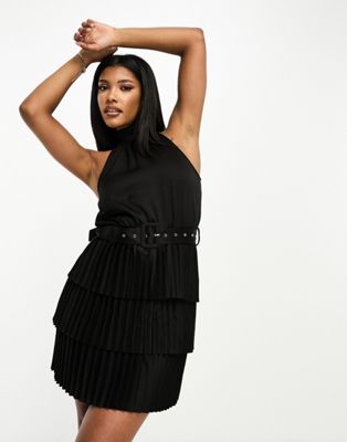 In The Style exclusive sleeveless pleated belted mini blazer dress in black