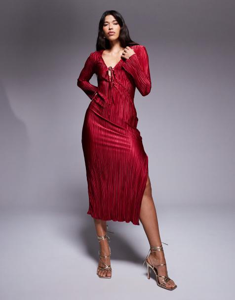 In The Style exclusive tie front plisse maxi dress in burgundy - view 1