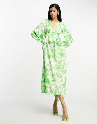 In The Style exclusive v neck ruffle waist midi dress in green floral