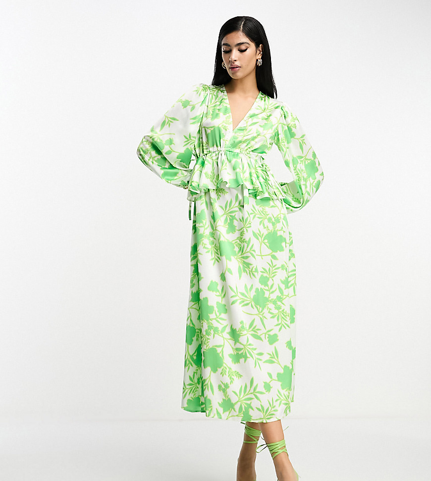 In The Style exclusive v neck ruffle waist midi dress in green floral-Multi