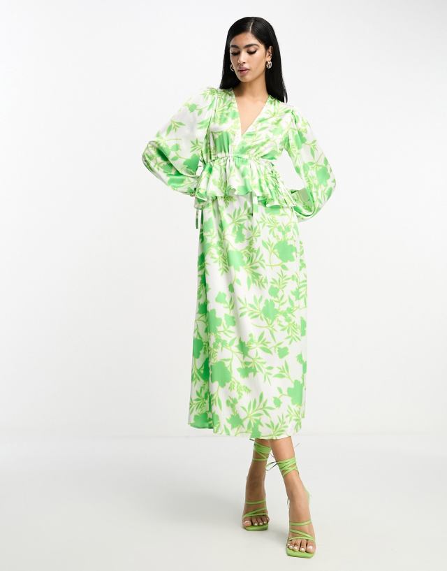 In The Style - exclusive v neck ruffle waist midi dress in green floral