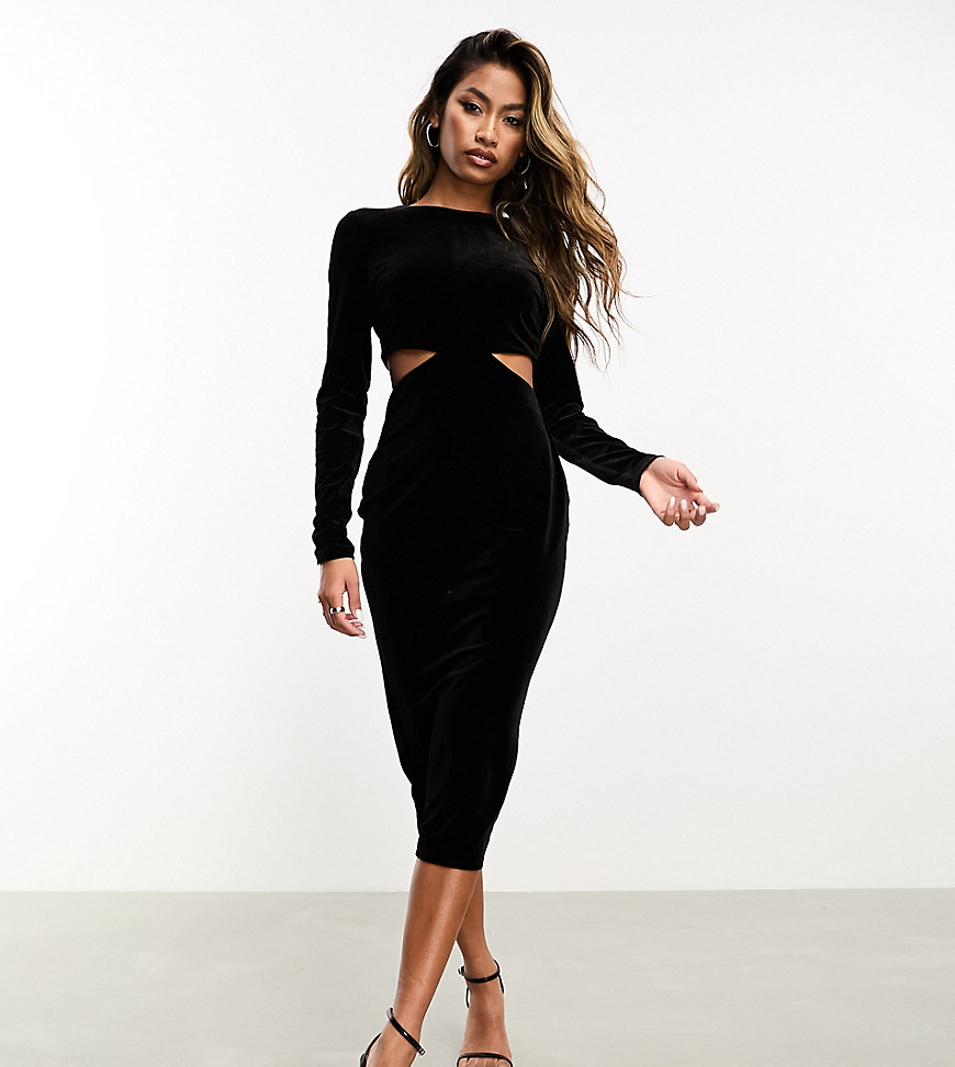 In The Style exclusive velvet cut out midi bodycon dress in black