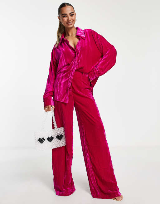 In The Style exclusive velvet wide leg pants in pink - part of a set