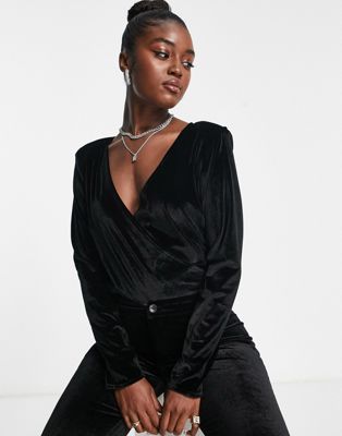 IN THE STYLE EXCLUSIVE VELVET WRAP DETAIL BODYSUIT IN BLACK - PART OF A SET