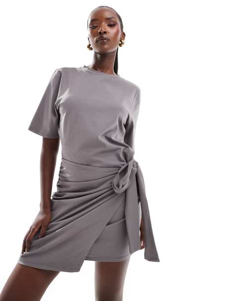 In The Style exclusive wrap tie side mini t-shirt dress in charcoal - view 1