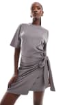 [In The Style] In The Style exclusive wrap tie side mini t-shirt dress in charcoal-Black 8 CHARCOAL