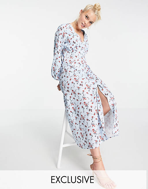 In The Style exclusive x Olivia Bowen exclusive puff sleeve button detail floaty maxi dress in blue floral print