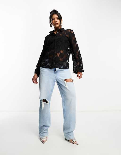 In The Style - Exclusives - Kanten overhemd in zwart, 3 van 4
