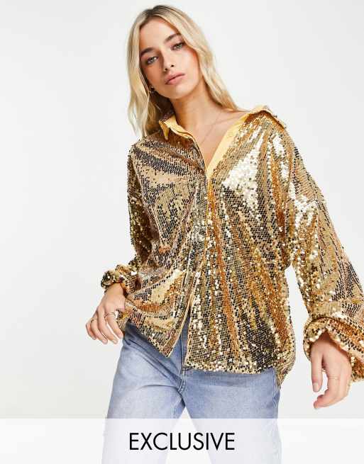 In The Style - Exclusives - Oversized overhemd met lovertjes in licht goud