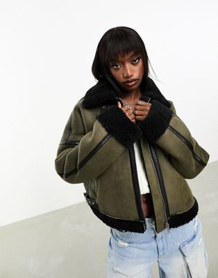 In The Style exclusive premium contrast faux suede and borg aviator jacket in khaki - ASOS Price Checker
